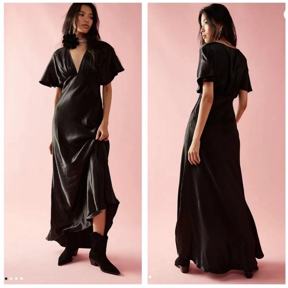 NWT Free People Beatrice black satin maxi dress size 12